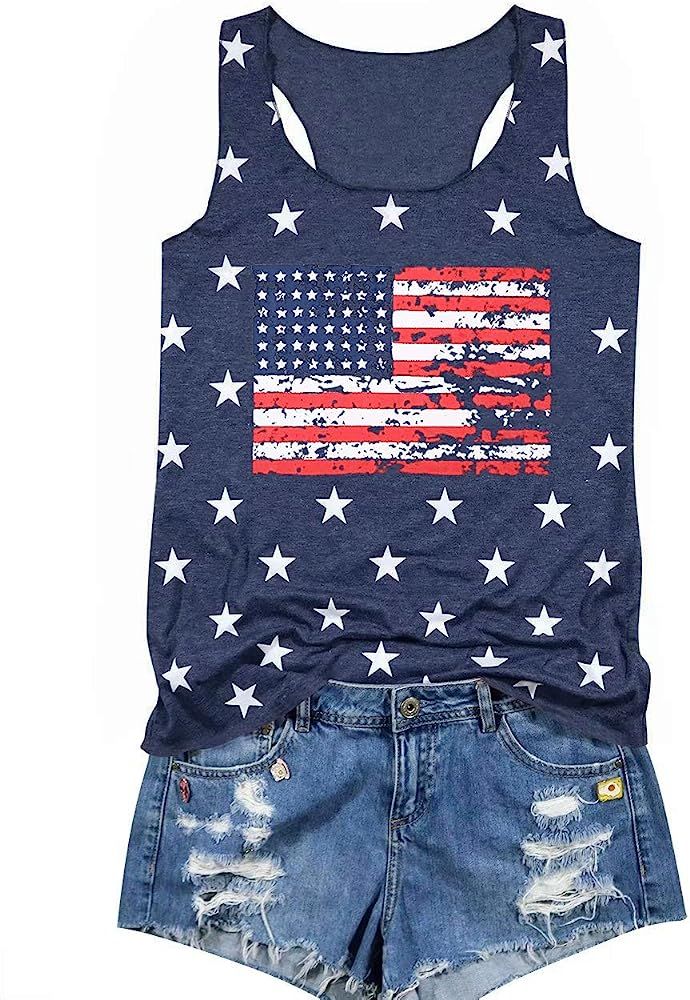 Chulianyouhuo Women 4th of July Tank Tops American Flag Print Sleeveless T-Shirts Tees Casual Vest B | Amazon (US)