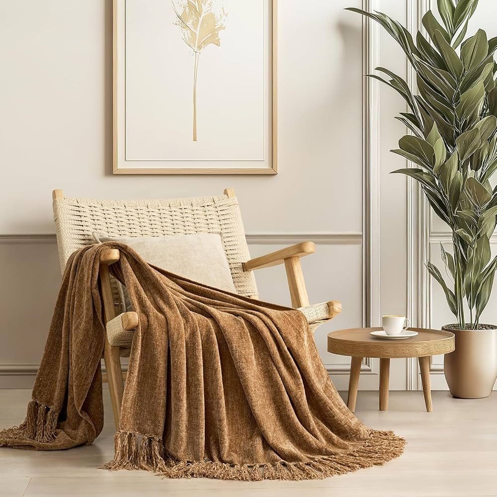 EVERGRACE Chenille Throw Blanket Chenille Knit Khaki 50"x60" | Amazon (US)