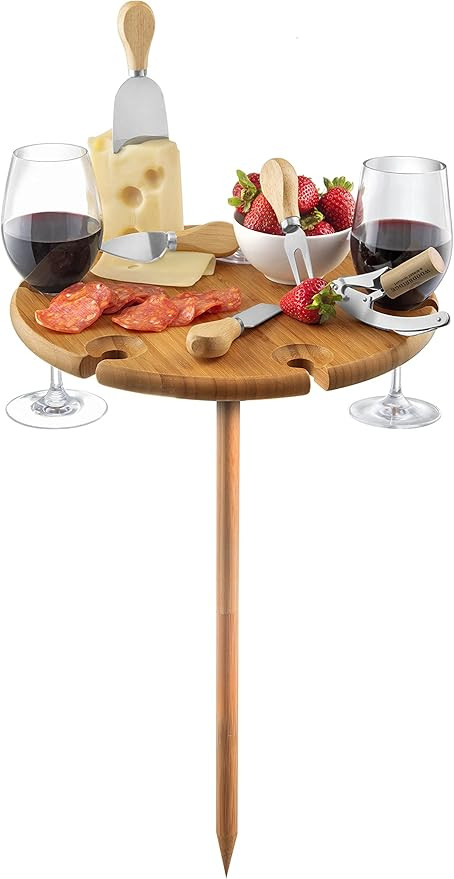 Bamboo Wine Picnic Table - Portable Outdoor Wine and Cheese Tray with Serving Utensils and Wine A... | Amazon (US)