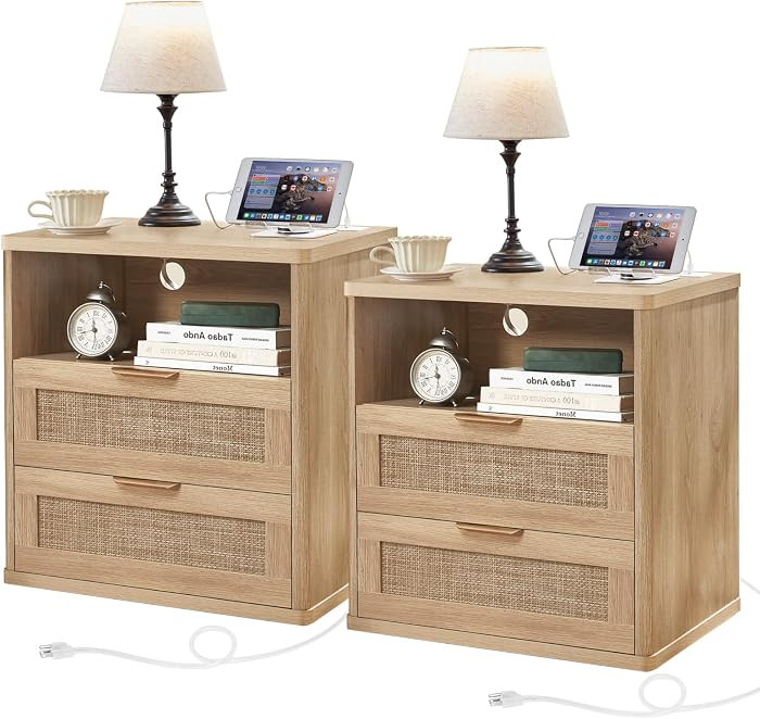 LEYAOYAO Rattan 23" Nightstands Set 2 with Charger Station 2 Drawers | Amazon (US)