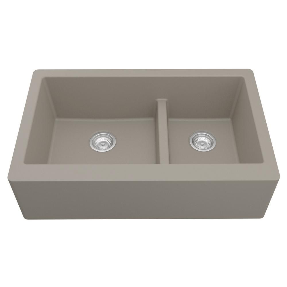 Farmhouse Apron Front Quartz Composite 34 in. Double Offset Bowl Kitchen Sink in Concrete | The Home Depot