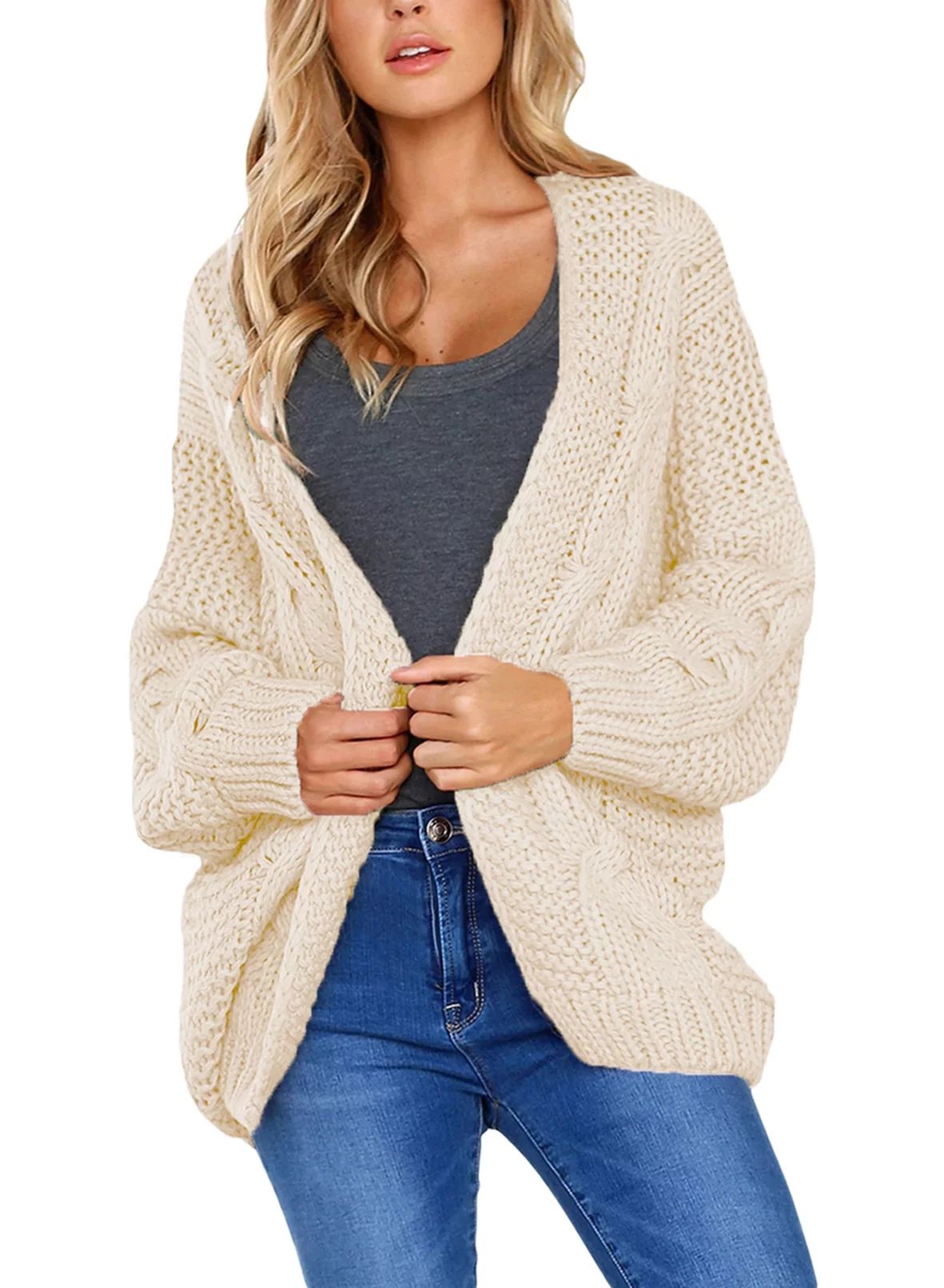 Dokotoo Womens White Chunky Knitted Cardigan Open Front Winter Sweater Coat Size Medium US 8-10 -... | Walmart (US)