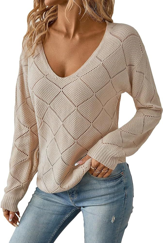 GORGLITTER Women's Crochet Sweaters Long Sleeve Pointelle Hollow Out Pullover Knit Tops | Amazon (US)