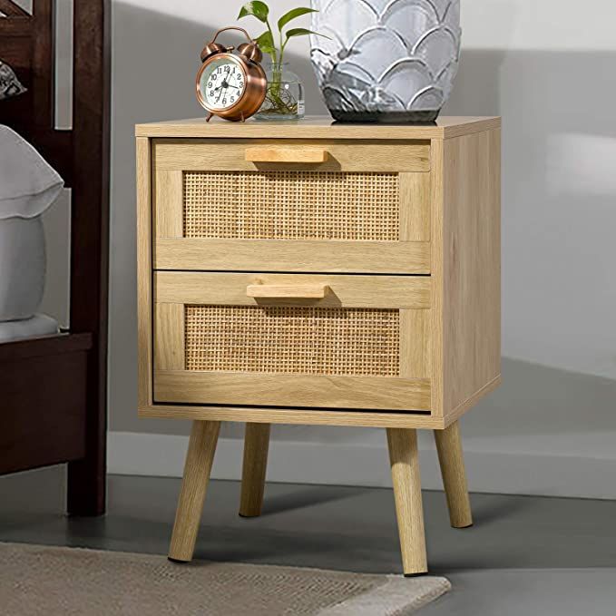 Amazon.com: Finnhomy Nightstand, End Table, Side Table with 2 Hand Made Rattan Decorated Drawers,... | Amazon (US)