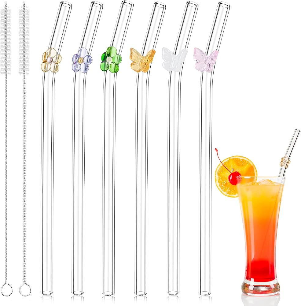 Snowfall 6 Pack Reusable Glass Straws, Cute Clear Short Bent Straws for Coffee, Juices, Teas, Dis... | Amazon (US)