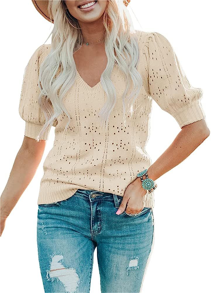 Foshow Womens Puff Short Sleeve Sweaters Tops Spring Soft Crew Neck Dot Pullover Shirt Lightweigh... | Amazon (US)