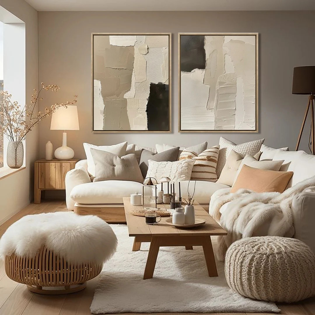 Set of 2 Large Brown Abstract Canvas Paintings Beige Wall Art Black Abstract Wall Art Original Br... | Etsy (US)