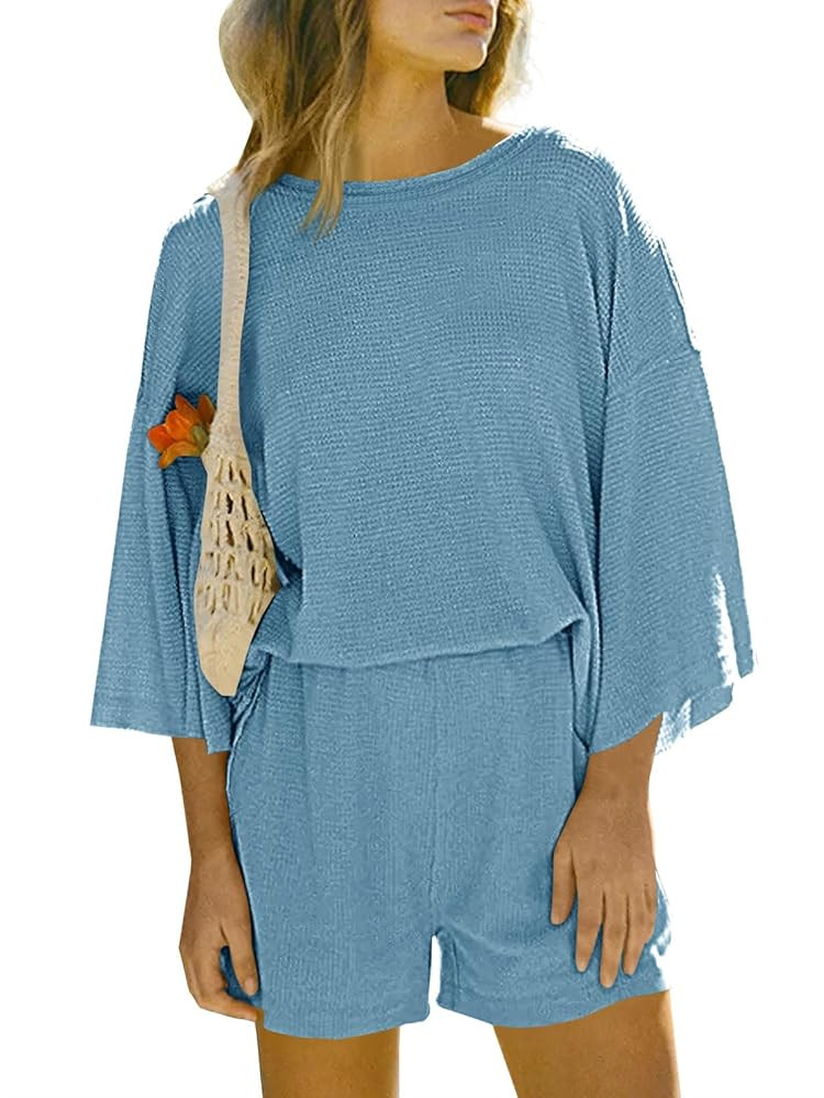 Tankaneo Womens Short Sets 2 Piece Outfits 3/4 Sleeve Tops and Elastic Waist Shorts Lounge Set Ca... | Amazon (US)