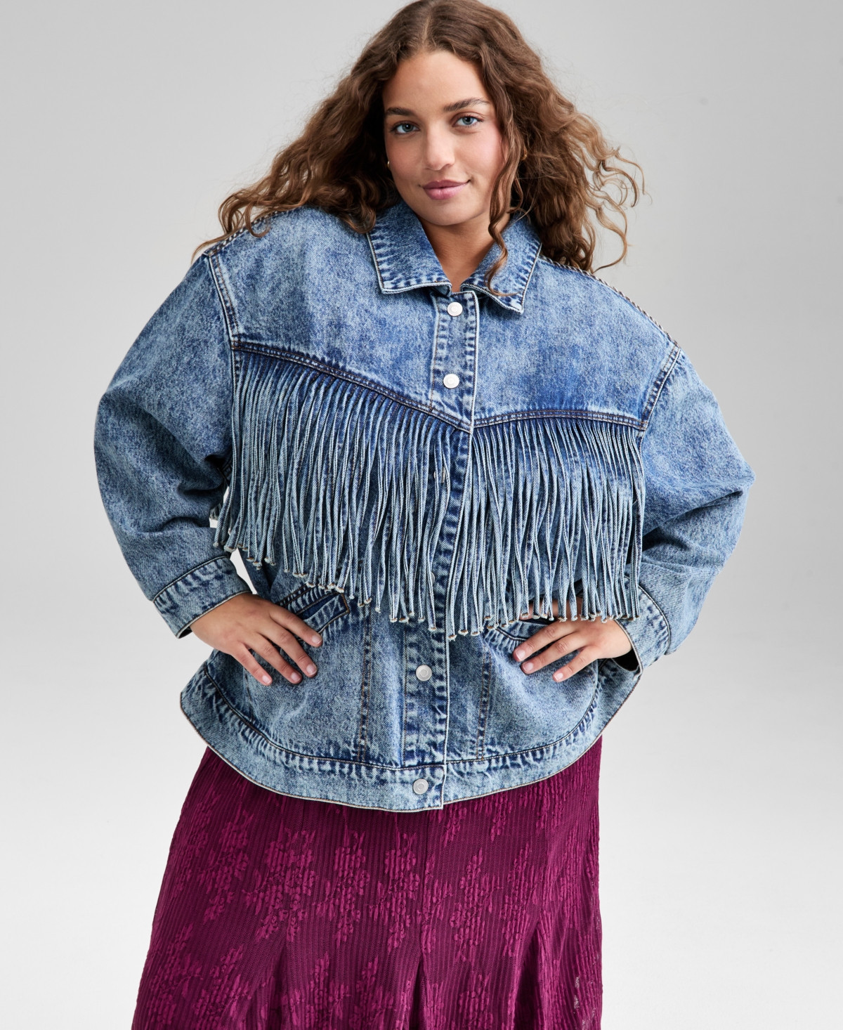 And Now This Trendy Plus Size Fringe-Trim Cotton Denim Jacket, Macy's Exclusive - Medium Blue Wash | Macy's
