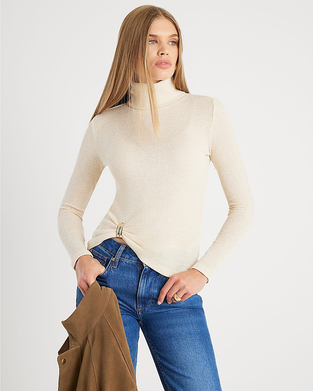 Cream Long Sleeve Gold Detail Roll Neck Top | River Island UK & IE