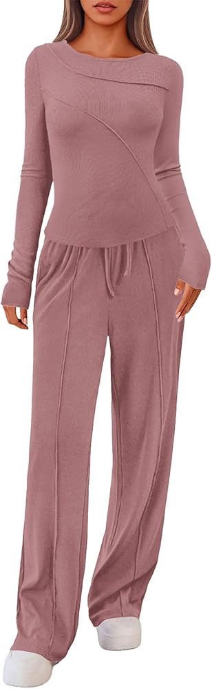 Lazysmile Lounge Sets For Women 2 Piece Sets Fall Outfits Long Sleeve Tops with Wide Legs Pants C... | Amazon (US)