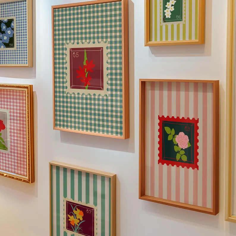 Vintage Floral Stamp Gallery Wall Set, Colorful Gingham Art Prints, Retro Botanical Wall Decor - ... | Etsy (US)
