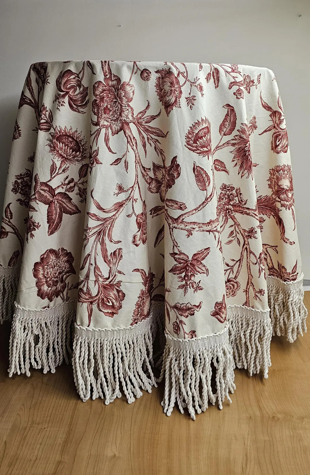 RTS 72" Diameter Round Tablecloth With Bullion Fringe P Kaufman Red Ivory Foliage Botanical Flowe... | Etsy (US)