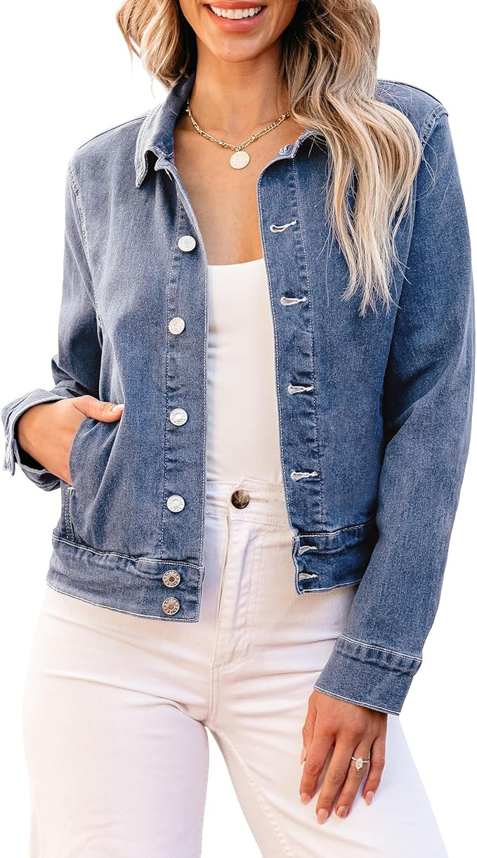 luvamia Jean Jacket Women Fashion Dressy Casual Long Sleeve Stretchy Denim Jackets Western Shacke... | Amazon (US)