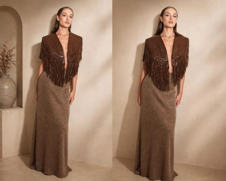 Women Brown and Black Crocodile Leather Fringe Shawl Wedding Cape: Western Boho Cowgirl Shoulder ... | Etsy (Global)