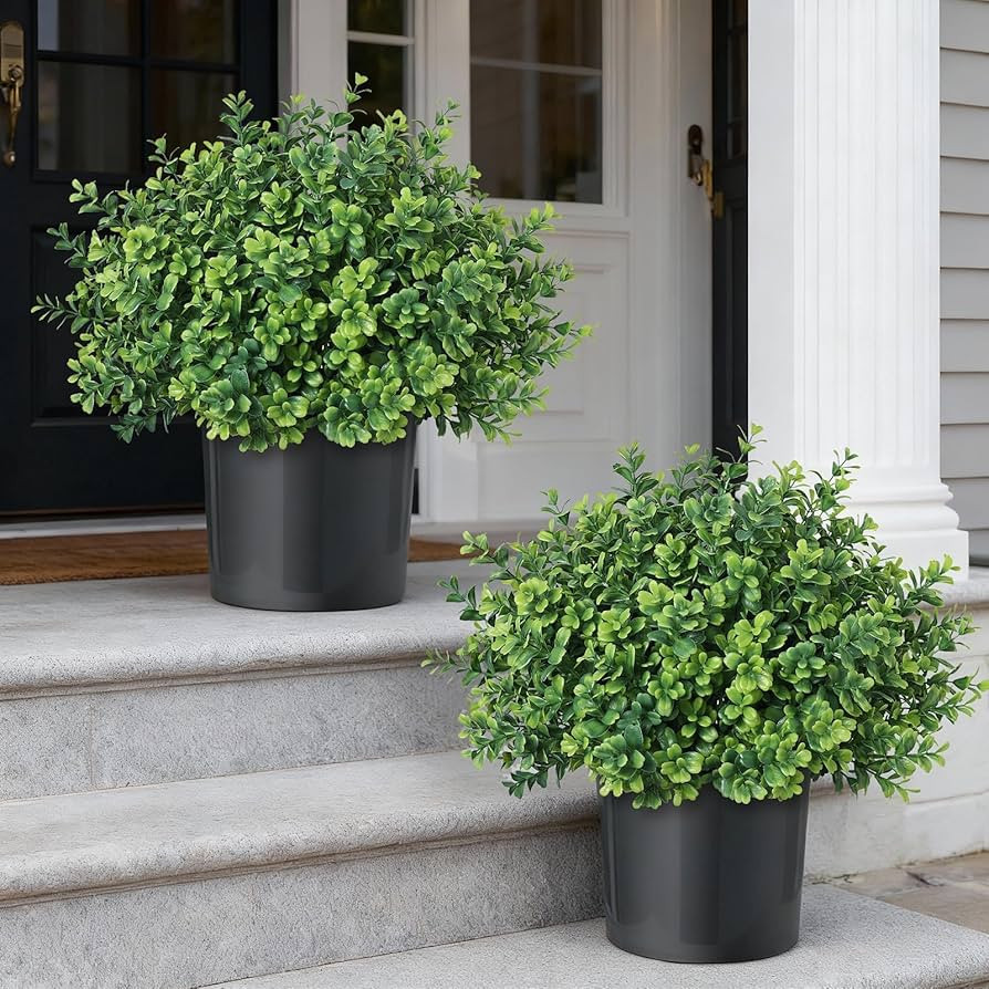 Set of 2 Artificial Boxwood Topiary Trees for Front Door - Faux Realistic Greenery Potted Plants,... | Amazon (US)