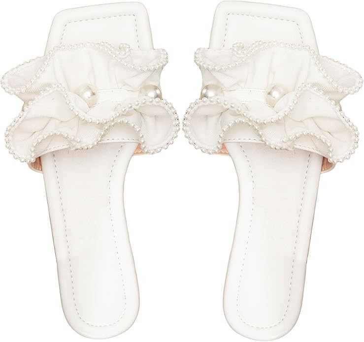 Verdusa Women's Ruffle Pearl Sandals Wedding Square Toe Slip on Slides Summer Slippers | Amazon (US)