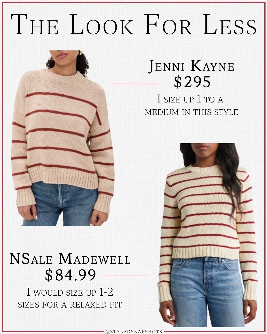Striped Fall sweater look for less - if you’ve been eyeing the red striped JK sweater, Nordstrom has a similar style include in the NSale for a fraction of the price. Both 100% cotton. I size up 1 to a medium in JK and would size up 2 in the madewell sweater for an oversized fit 

save vs splurge

#LTKSaleAlert #LTKFindsUnder100 #LTKStyleTip