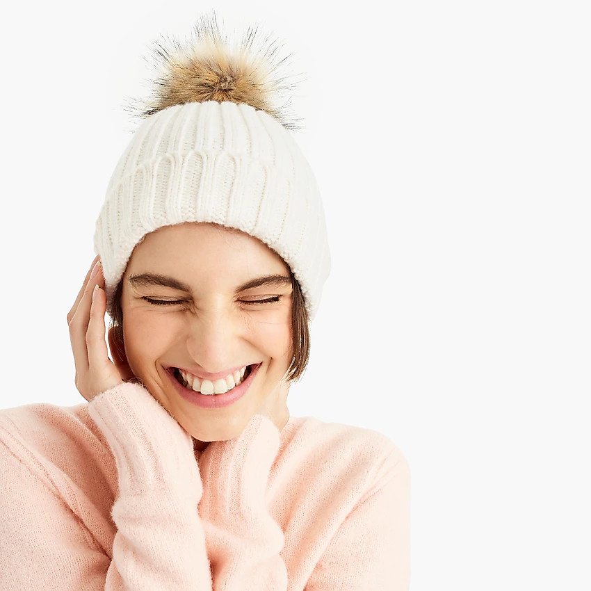 Ribbed beanie with faux-fur pom-pom | J. Crew US