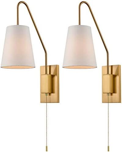 JEENKAE Modern Plated Brass Wall Sconces Fabric Shade Plug-in Bedroom Wall Lamp Set of Two | Amazon (US)