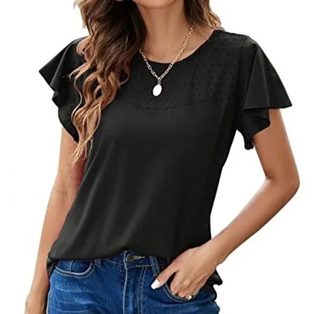 Ruffle Summer Tshirt Ruffle Short Sleeve Blouse Soft Crochet Eyelet Detail Round Neck For Daily Wear | Walmart (US)