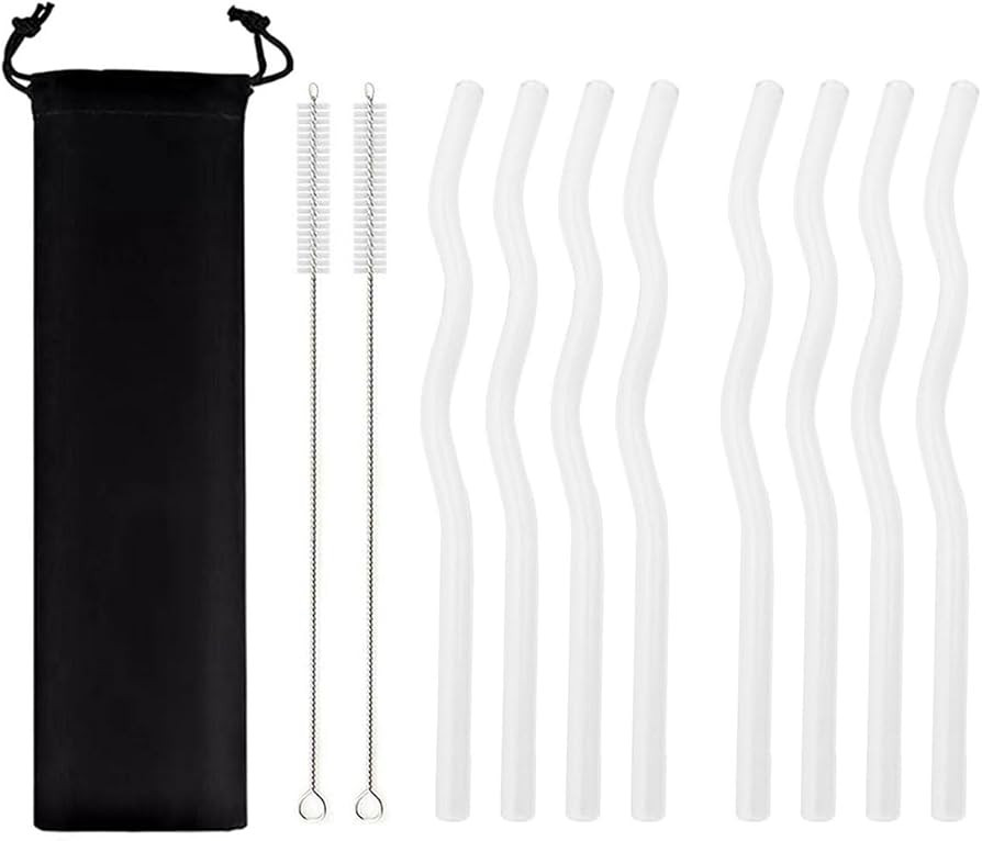 JASHII Colorless Wavy Glass Straws 8pcs 7.87" x 0.31" Reusable Glass Drinking Straws with Black P... | Amazon (CA)