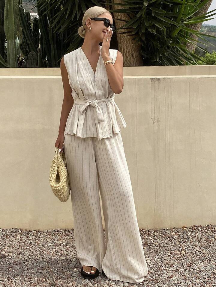 Livesso 2 Stücke Sommer Neue Lässig Taillierte Damen Gestreiftes Trägertop Und Weite Leinenhose Set | SHEIN