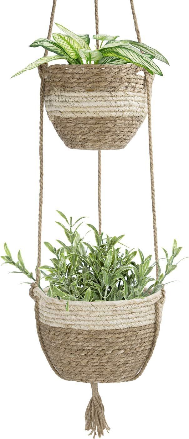 Hanging Planter Basket Indoor Outdoor,Natural Seagrass Flower Plant Pots, Beige | Amazon (US)