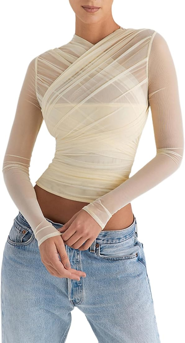 Women Sexy Criss Cross Wrap Sheer Mesh Crop Top Long Sleeve Zip Back See Through Slim Fit Tee Shi... | Amazon (US)