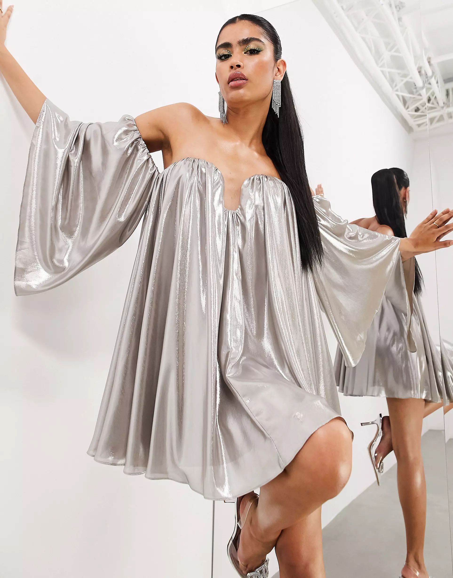 ASOS EDITION super full bandeau mini dress in metallic silver | ASOS (Global)