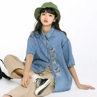 Short-Sleeve Animal Embroidered Denim Shirt | YesStyle Global