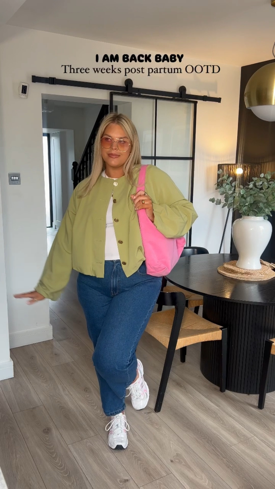 Pink is my personality at this point! Anything pink I have to own! Three weeks post partum outfit and finally can wear what I want again after 9months! Barrel jeans. Bubble hem jacket. Pink bag. New balance trainers. Spring outfit. Summer outfit. Postpartum style. Comfy outfit. Mum style. 

#LTKcurves #LTKsummer #LTKstyletip