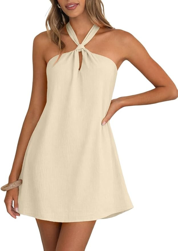 IHOT Women's Halter Neck Mini Dress Sleeveless Boho Flowy A-Line Beach Vacation Sundress | Amazon (US)