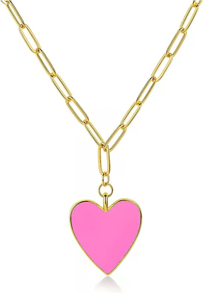 CILILI Preppy Necklace for Women Girls, Forever Love Heart Enamel Pendant Paperclip Necklace 18K ... | Amazon (US)