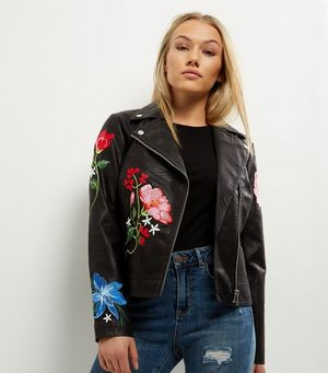 Petite Black Floral Embroidered Biker Jacket | New Look (UK)