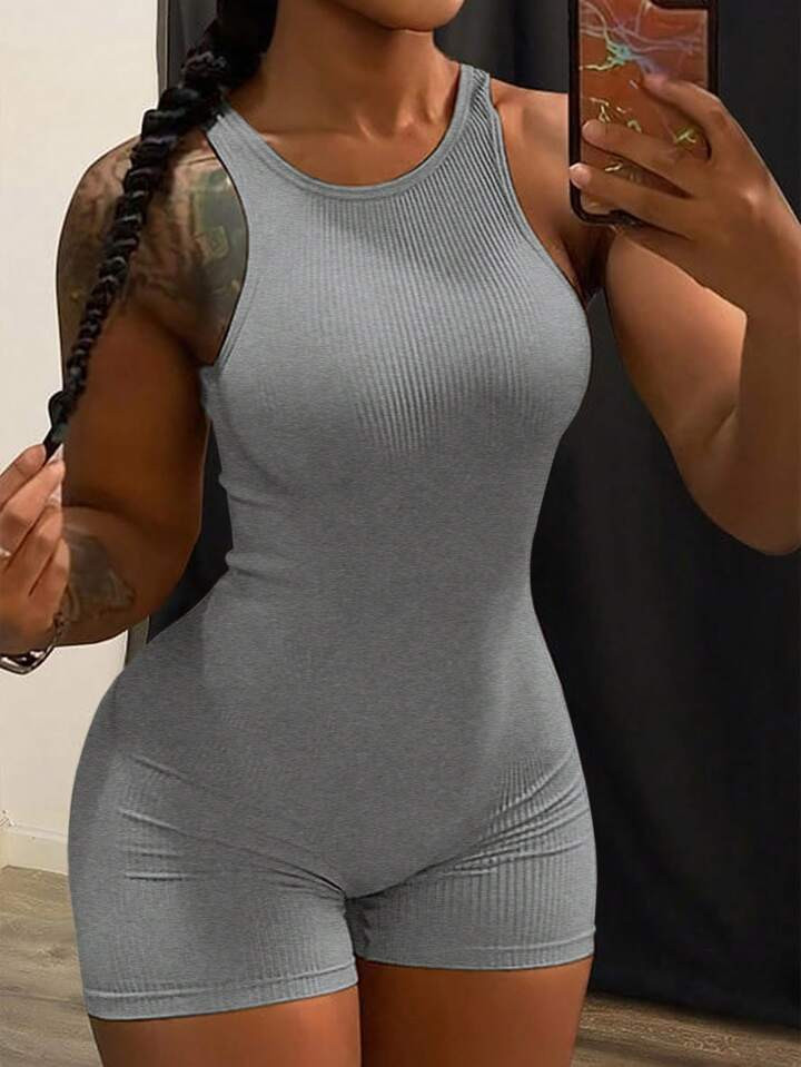 SHEIN Slayr Women's Solid Color Sleeveless Round Neck Romper, Slim Fit; Suitable For Summer | SHEIN