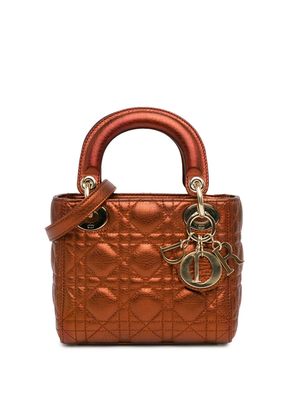 Christian Dior Pre-Owned 2017 Mini Metallic Calfskin Cannage Supple Lady Dior satchel - Brown | Farfetch Global