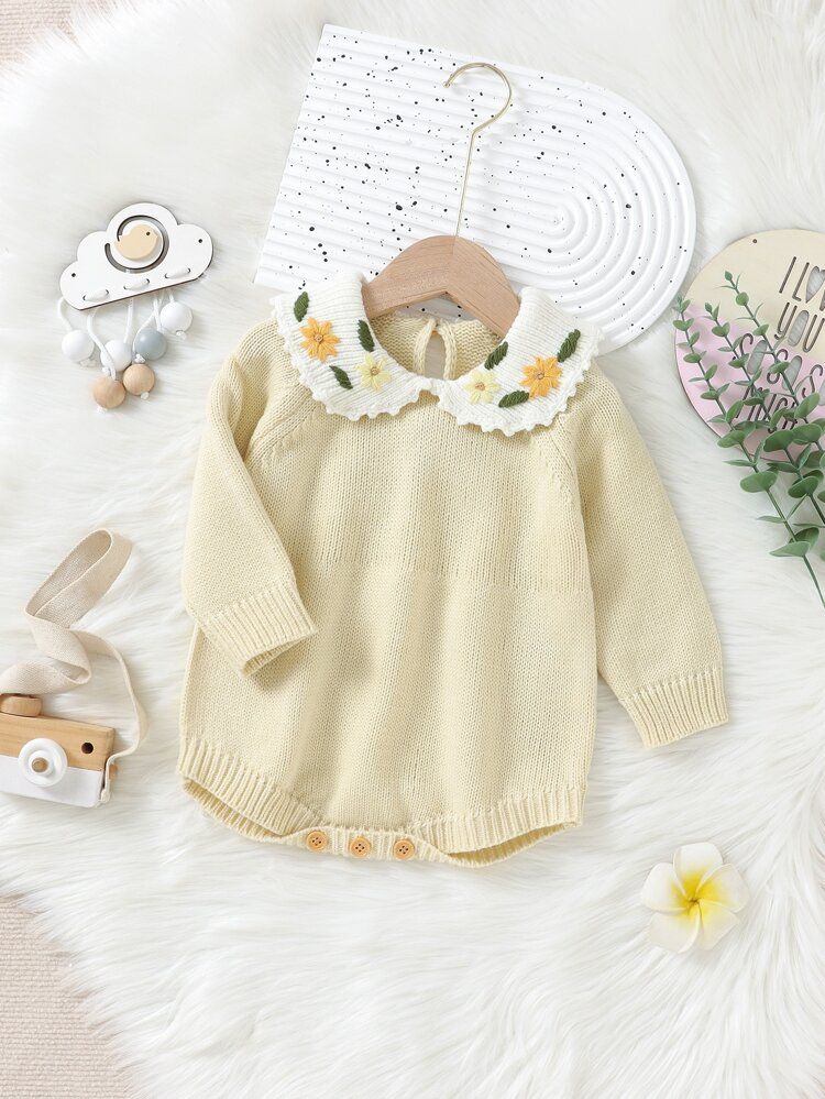 Baby Floral Embroidery Peter Pan Collar Knit Bodysuit | SHEIN