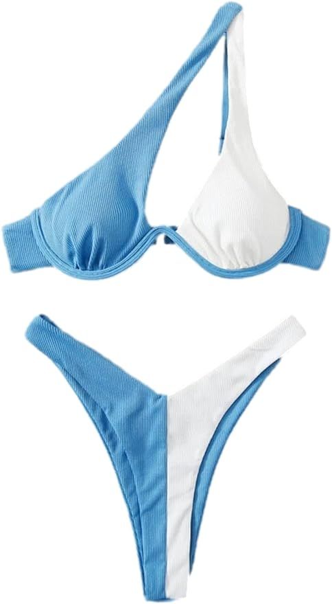 Lilosy Sexy Cutout One Shoulder High Cut Cheeky Thong Brazilian Bikini Swimsuit Set for Women Pad... | Amazon (US)