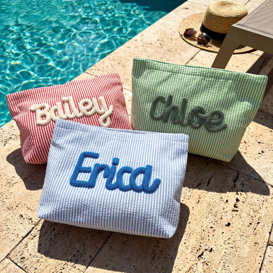 Custom Seersucker Makeup Bag Vacation Travel Pouch Personalized Chenille Name Toiletry Bag Summer... | Etsy (Global)