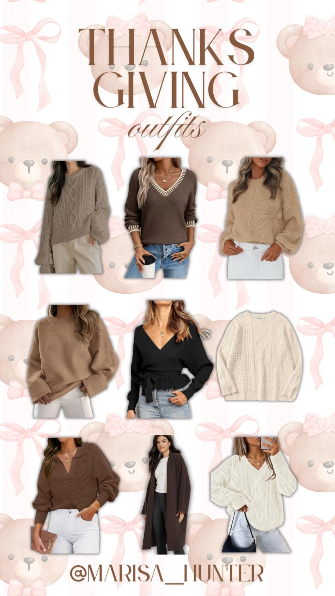 Cozy thanksgiving sweaters 🧸

Teddy bear brown girly coquette bows neck sweater mom style mom outfit fall ootd what to wear to thanksgiving dinner 

#LTKootd #LTKHoliday #LTKmomlife