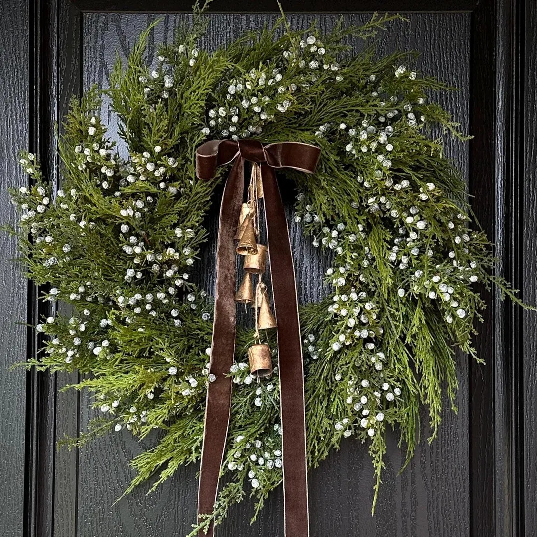Real Touch Whispy Cedar and Juniper Berry Wreath | Choice of Velvet Ribbon & Optional Brass Bells... | Etsy (US)