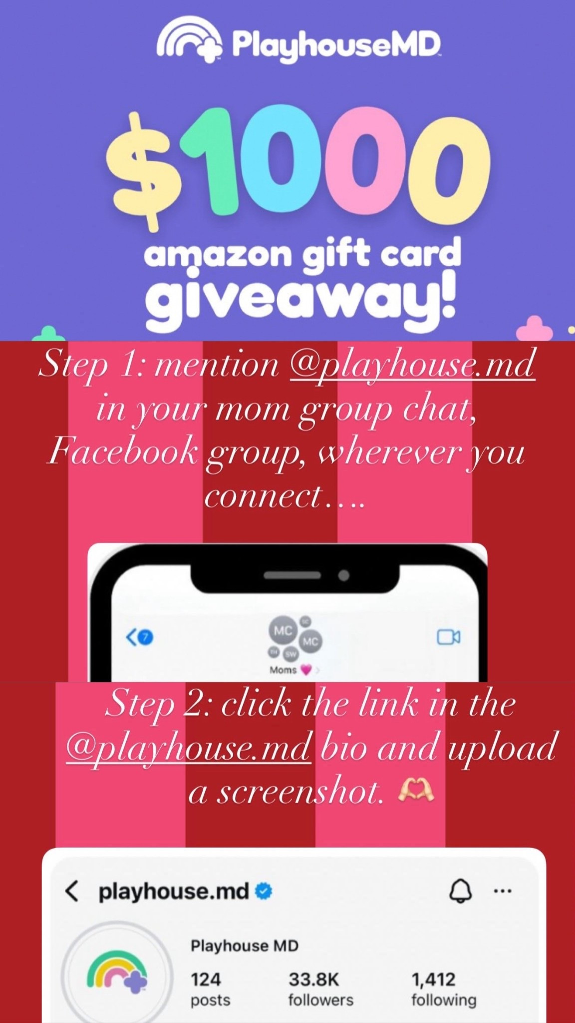 Playhouse MD is doing an amazing giveaway for moms! 

Step 1: mention @playhouse.md & the giveaway in your mom group chat, Facebook, WhatsApp, wherever you connect!
Step 2: upload a screenshot to the link within the @playhouse.md bio on Instagram to enter an amazing giveaway! 👏 enter multiple times with multiple screenshots! 

#LTKBaby #LTKKids #LTKmomlife