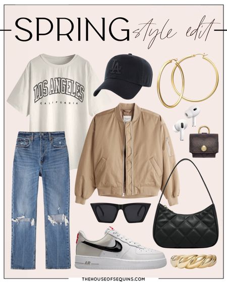 Shop this casual spring outfit! Amazon Fashion graphic tee, Nike Air Force 1 sneakers, Abercrombie jeans, Bomber jacket, quilted bag. 

Follow my shop @thehouseofsequins on the @shop.LTK app to shop this post and get my exclusive app-only content!

#liketkit 
@shop.ltk
https://liketk.it/3ZJNT

#LTKFind #LTKSeasonal #LTKstyletip