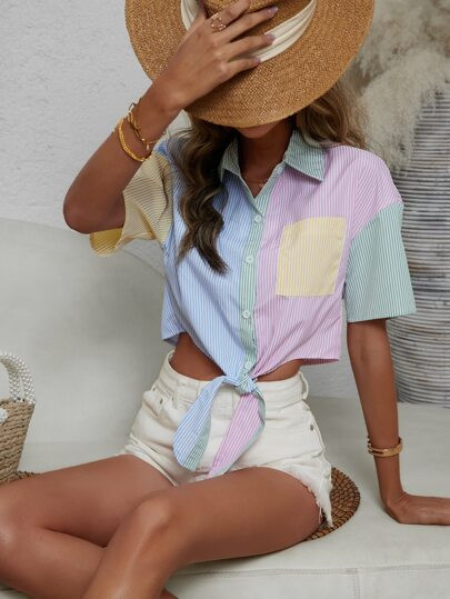 New
     
      Striped Print Colorblock Pocket Patched Knot Front Blouse | SHEIN