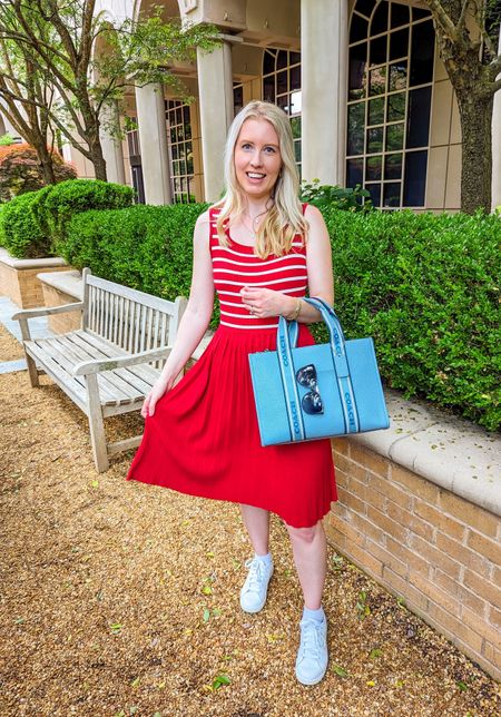 Perfect Memorial Day or July 4th outfit. Red striped tank dress. Midi knee length. Pair with a blue bag like this blue Coach tote bag. Add white sneakers to finish the look.

#LTKSeasonal #LTKfindsunder50 #LTKstyletip