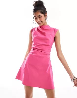 ASOS DESIGN bengaline high neck sleeveless mini dress with ruching detail in magenta | ASOS | ASOS (Global)