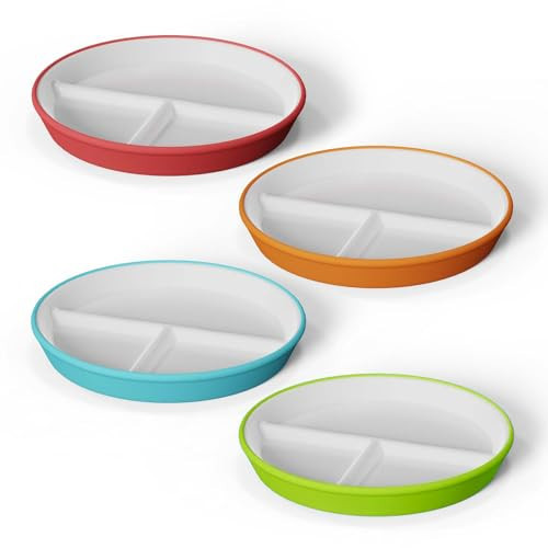 Kids Porcelain Plates with Anti-Slip Silicone Sleeves | Microwave & Dishwasher Safe | Premium Divided Toddler Plates for Hassle-Free Eating | Perfect for Toddlers & Kids of All Ages - Set of 4 Plates | Amazon (US)