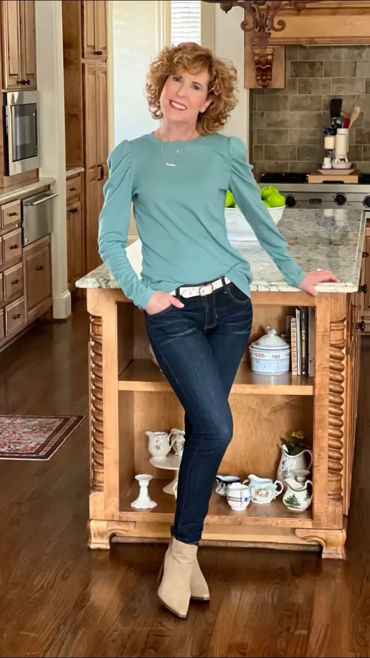 Amazon fashion, Amazon top, Amazon tee, faux suede booties, designer belt, Mother’s Day gift, valentines gift, personalized necklace

Give me a versatile top any day! This sweet puff sleeve tee was a great #amazonfind ! It’s long enough to wear tucked in, 1/2-tucked, or even untucked with leggings! It comes in a bunch of great colors and fits TTS! 
🙌🏻
I paired it with @cabiclothing skinny jeans from a past season (#cabi makes the best jeans!), a pair of favorite booties (also rim Amazon!) and a designer belt. (I love mixing high and low end items in the same outfit!) 
🎉
Do you like it 1/2 tucked or untucked better?
🤔🤷‍♀️
I finished off with my favorite necklace ever! It’s says “LouLou,” which is my grandma name! It’s 18k with pretty CZ crystal so I opted for the script version, but it also comes in block letters.

#LTKunder50 #LTKstyletip #LTKFind