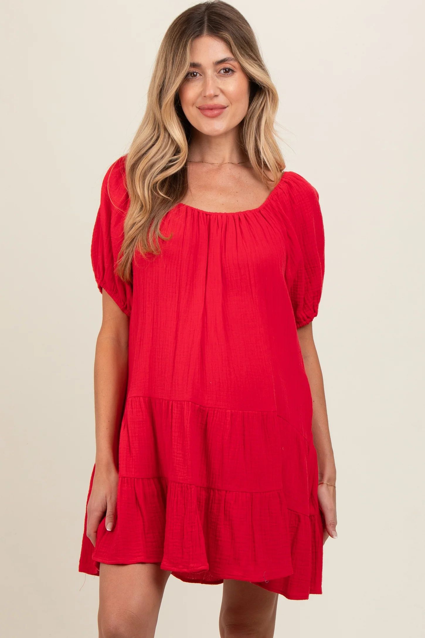 Red Ribbon Back Detail Puff Sleeve Maternity Mini Dress | PinkBlush Maternity